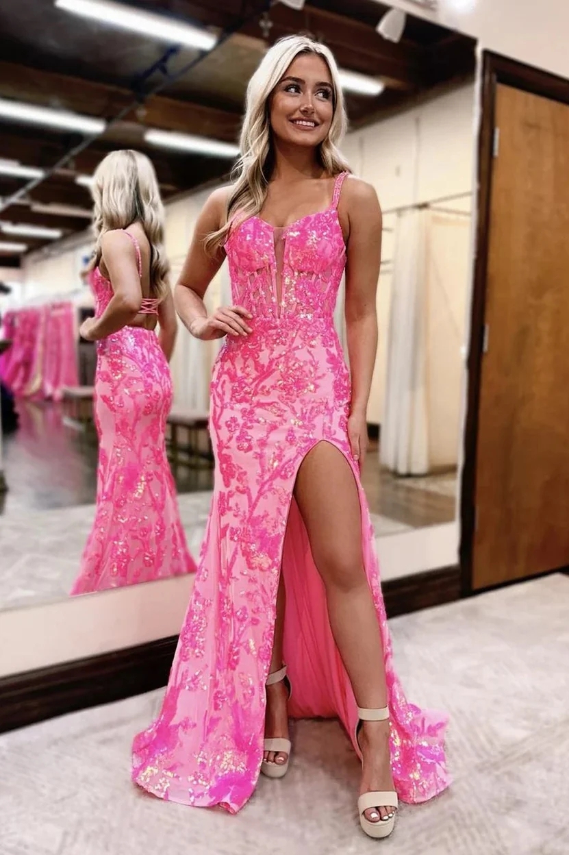Sparkly Sequin Spaghetti Straps Prom Party Dresses with Slit