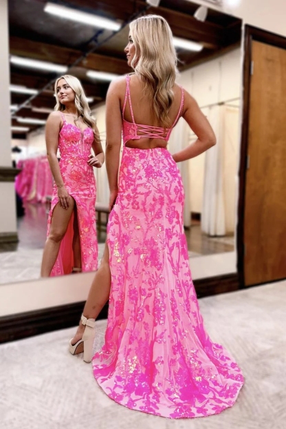 Sparkly Sequin Spaghetti Straps Prom Party Dresses with Slit