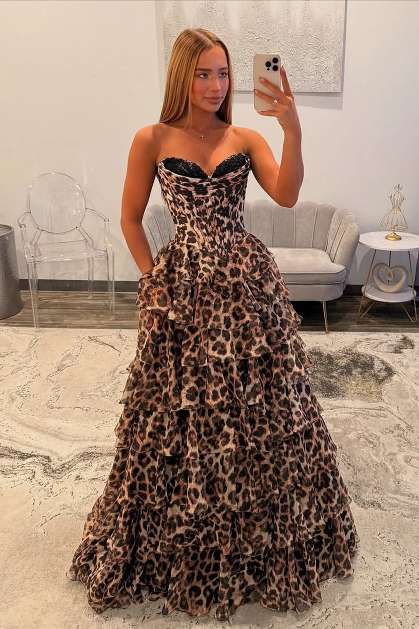 Leopard Chiffon Strapless Prom Party Dresses with Pockets
