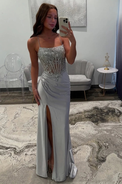 Mermaid Sequin Spaghetti Straps Prom Party Dresses with Slit