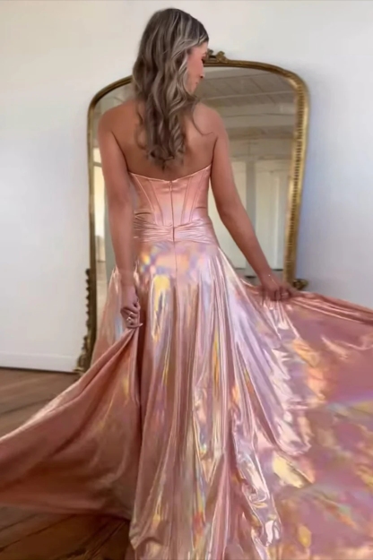 A line Metallic Strapless Prom Party Dresses with Slit