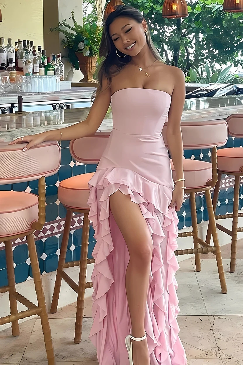 Ruffles Chiffon Strapless Prom Party Dresses with Slit