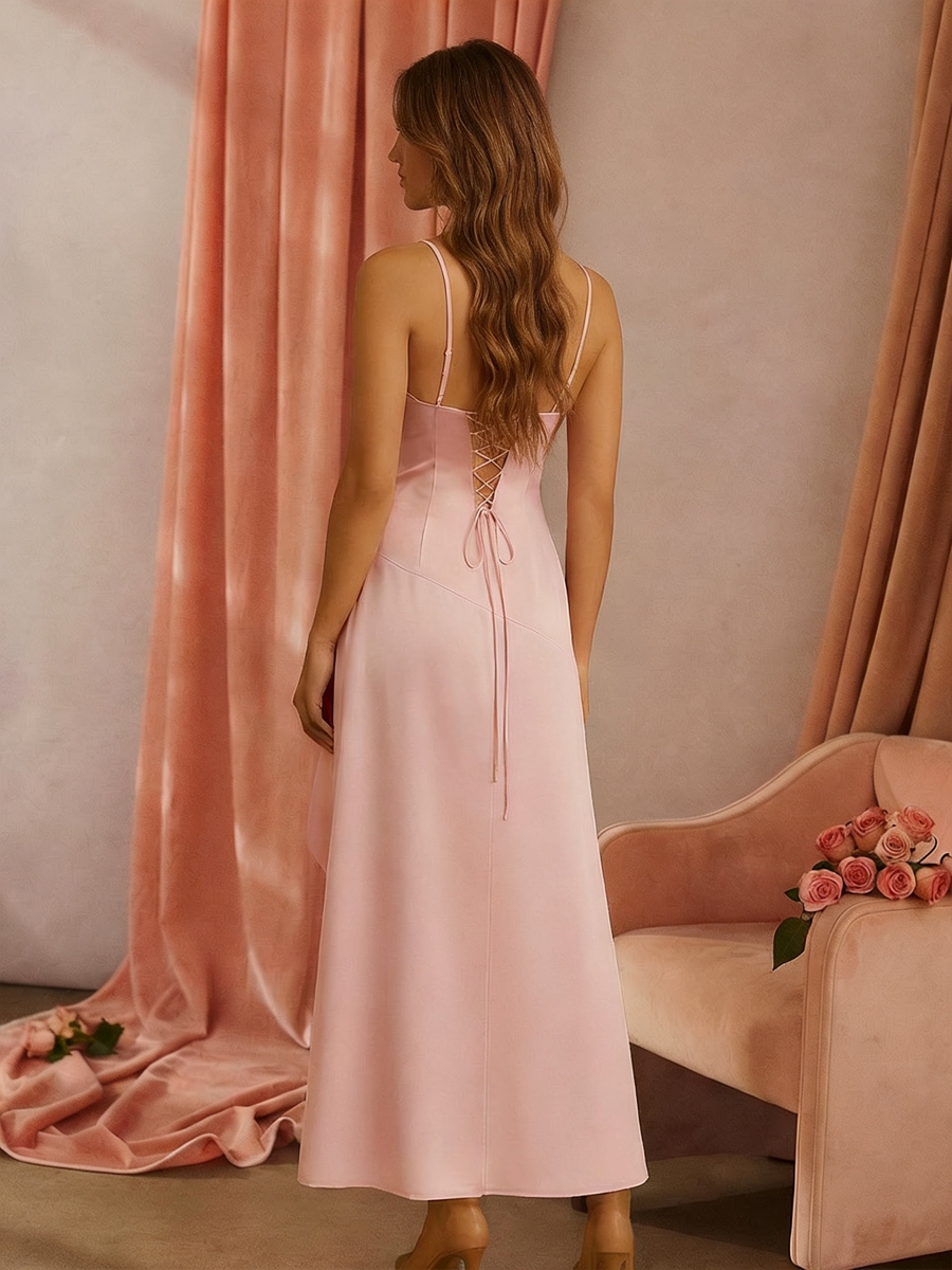 Ruffles Satin Spaghetti Straps Prom Evening Party Dresses 