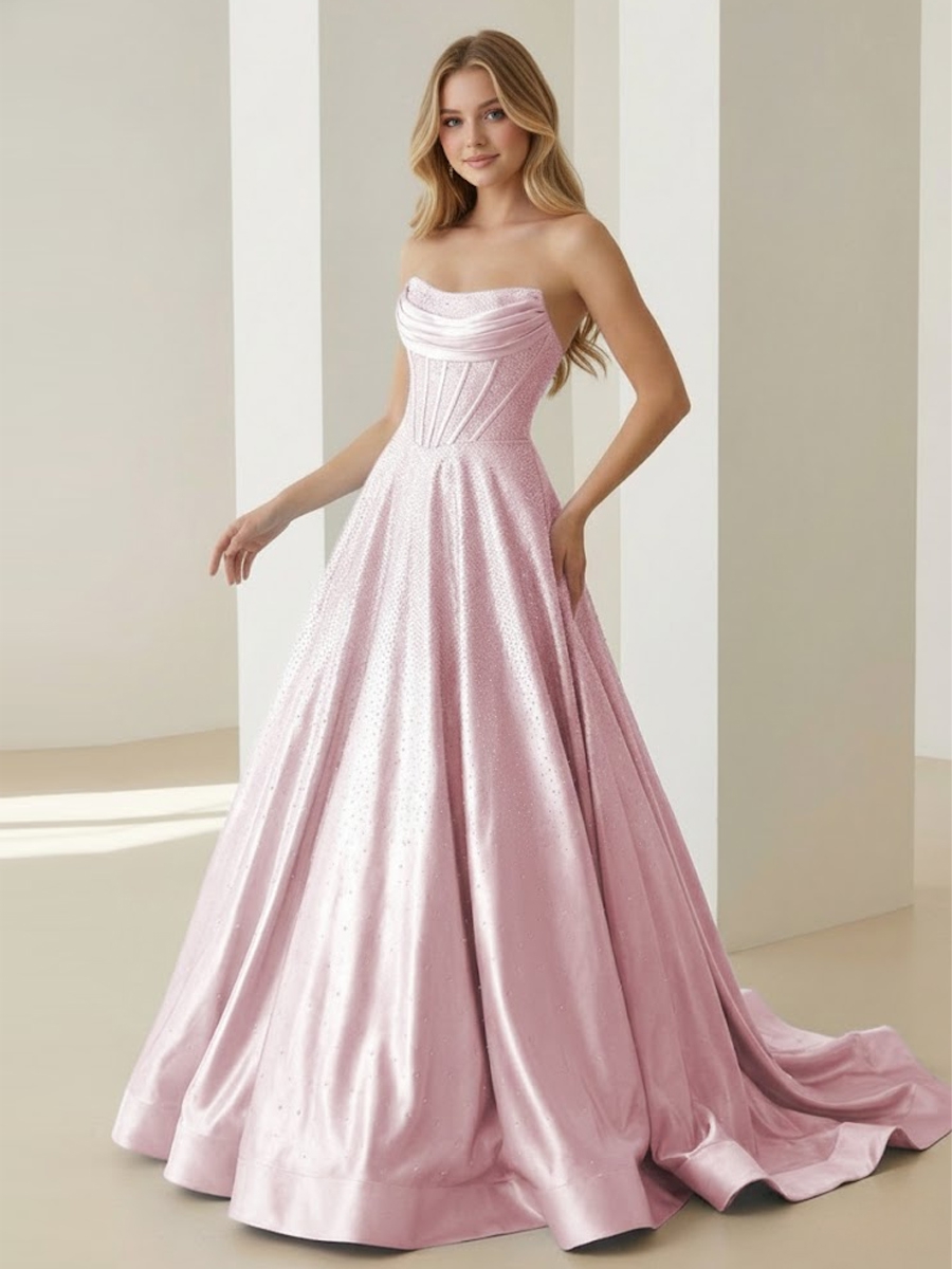 A line Rhinestone Strapless Prom Evening Party Dresses