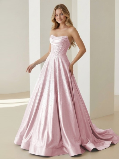 A line Rhinestone Strapless Prom Evening Party Dresses