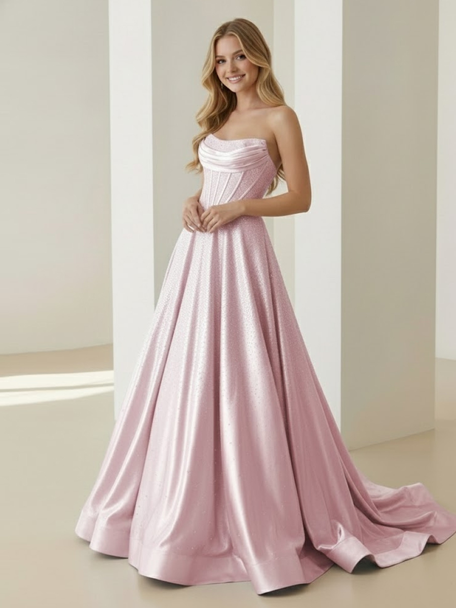 A line Rhinestone Strapless Prom Evening Party Dresses