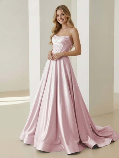 A line Rhinestone Strapless Prom Evening Party Dresses