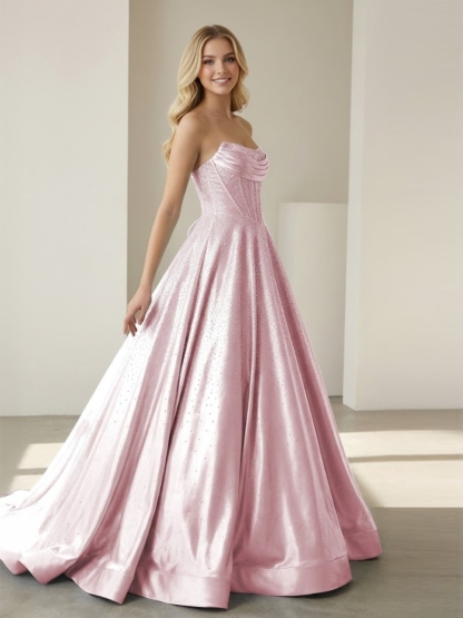 A line Rhinestone Strapless Prom Evening Party Dresses