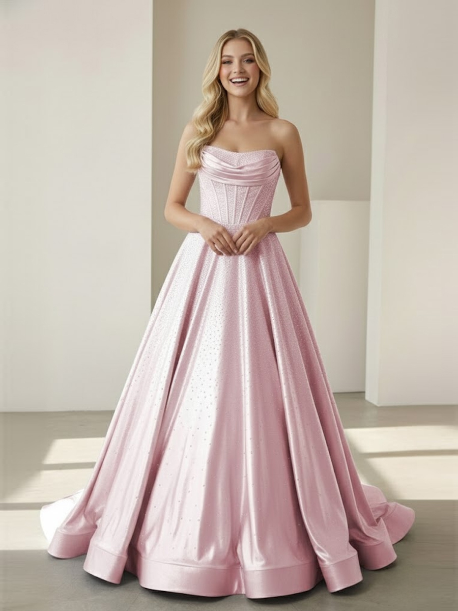 A line Rhinestone Strapless Prom Evening Party Dresses