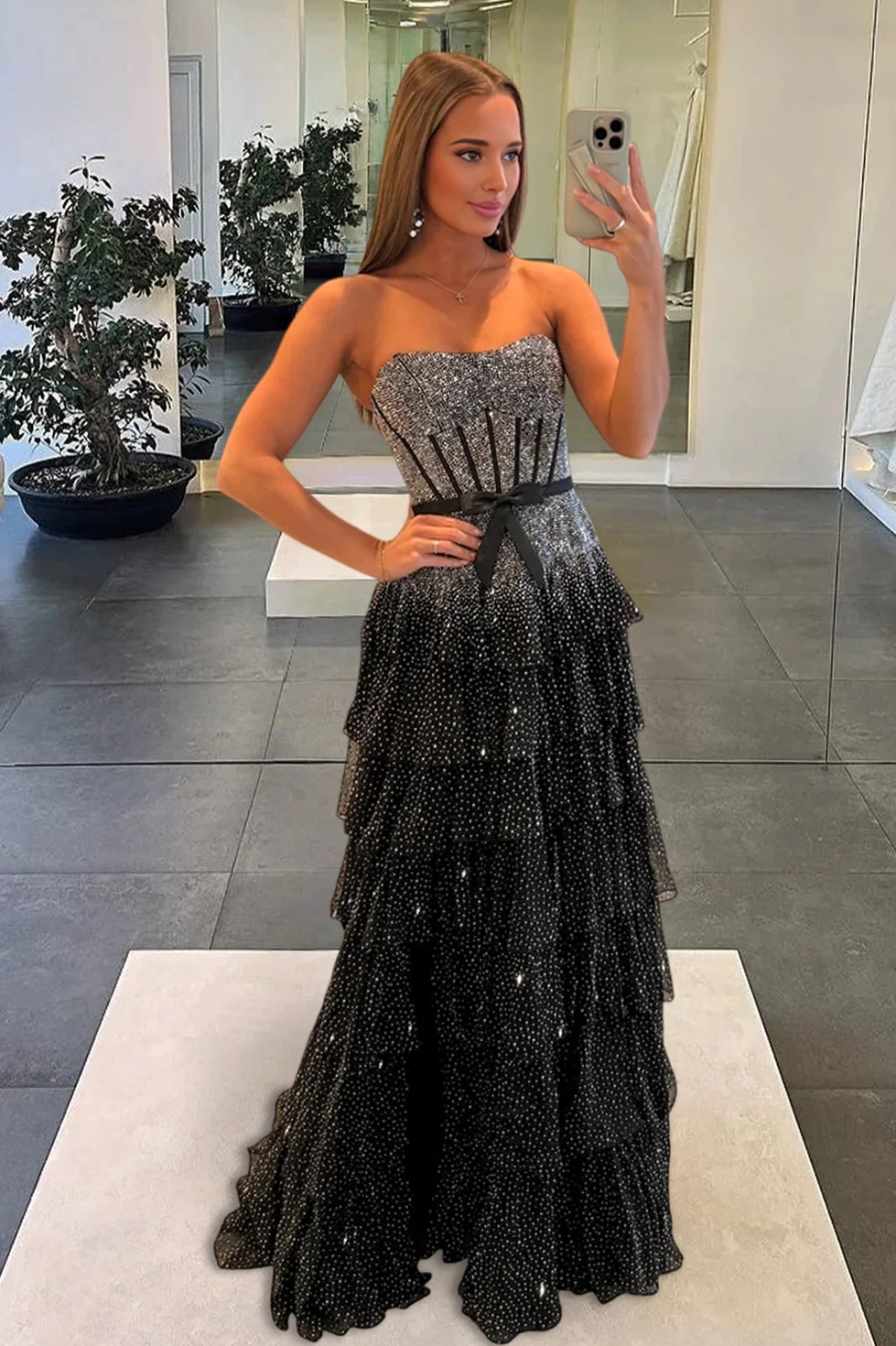 Ruffled Tulle Strapless Prom Evening Party Dresses