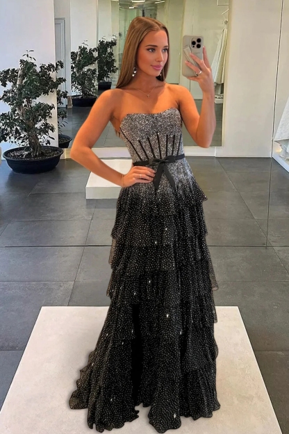 Ruffled Tulle Strapless Prom Evening Party Dresses