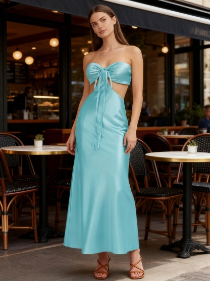 Keyhole Satin Strapless Prom Evening Party Dresses 