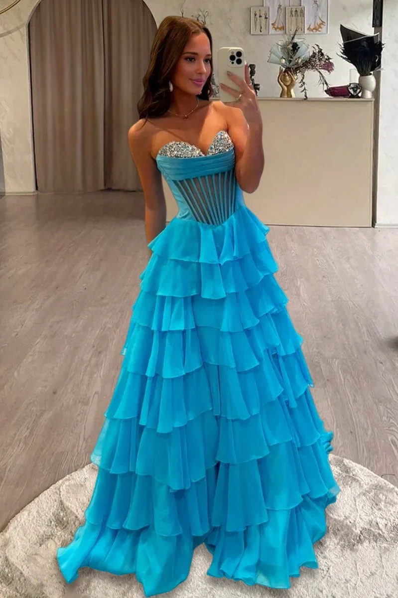 Crystal Chiffon Sweetheart Prom Party Dresses with Slit