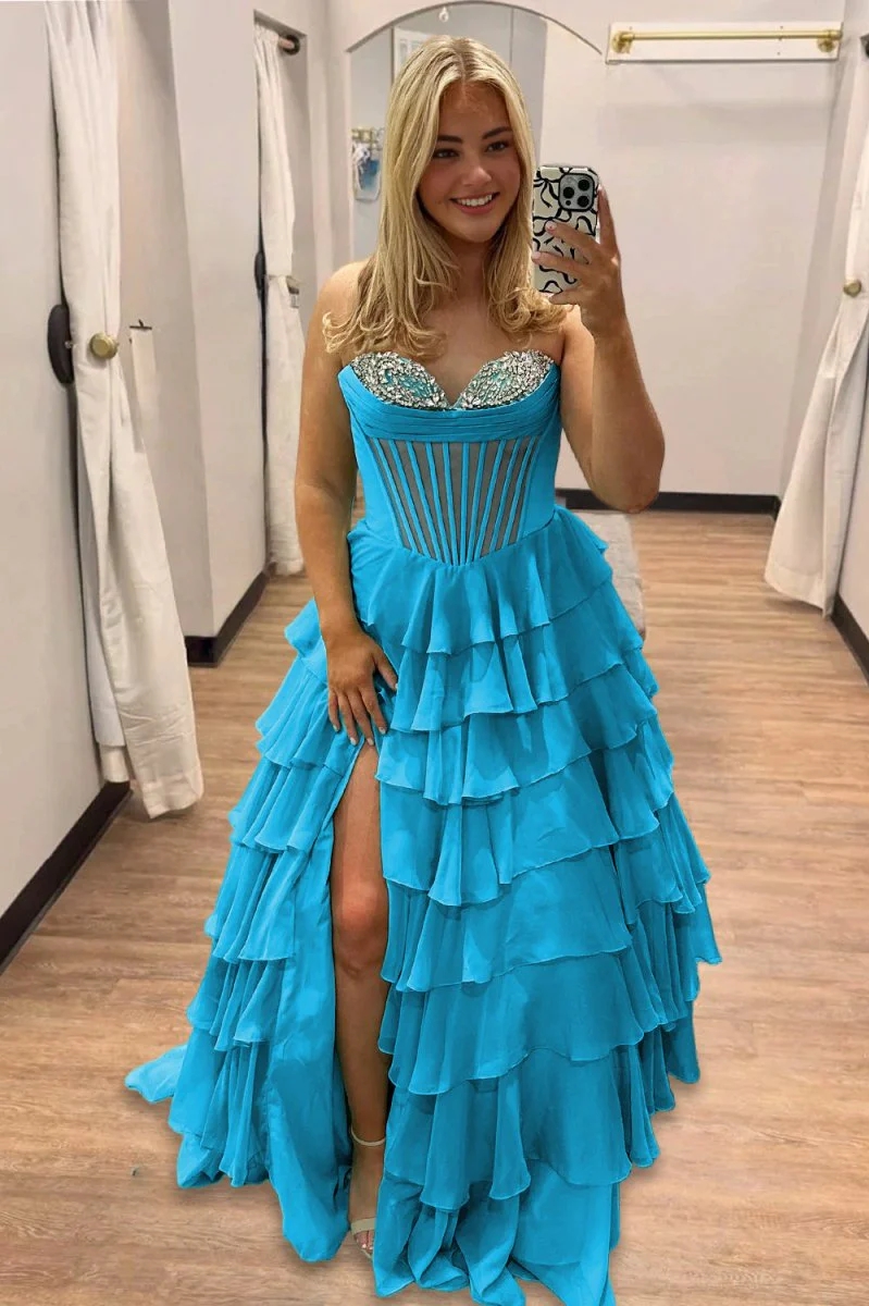 Crystal Chiffon Sweetheart Prom Party Dresses with Slit