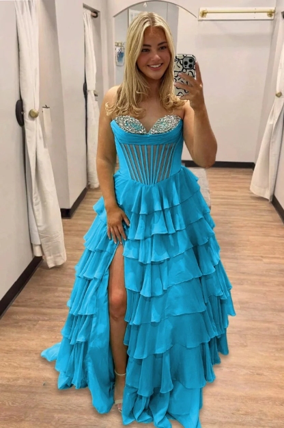 Crystal Chiffon Sweetheart Prom Party Dresses with Slit