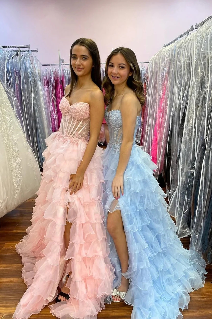 A line Organza Sweetheart Strapless Long Prom Party Dresses with Slit