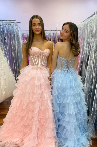 A line Organza Sweetheart Strapless Long Prom Party Dresses with Slit