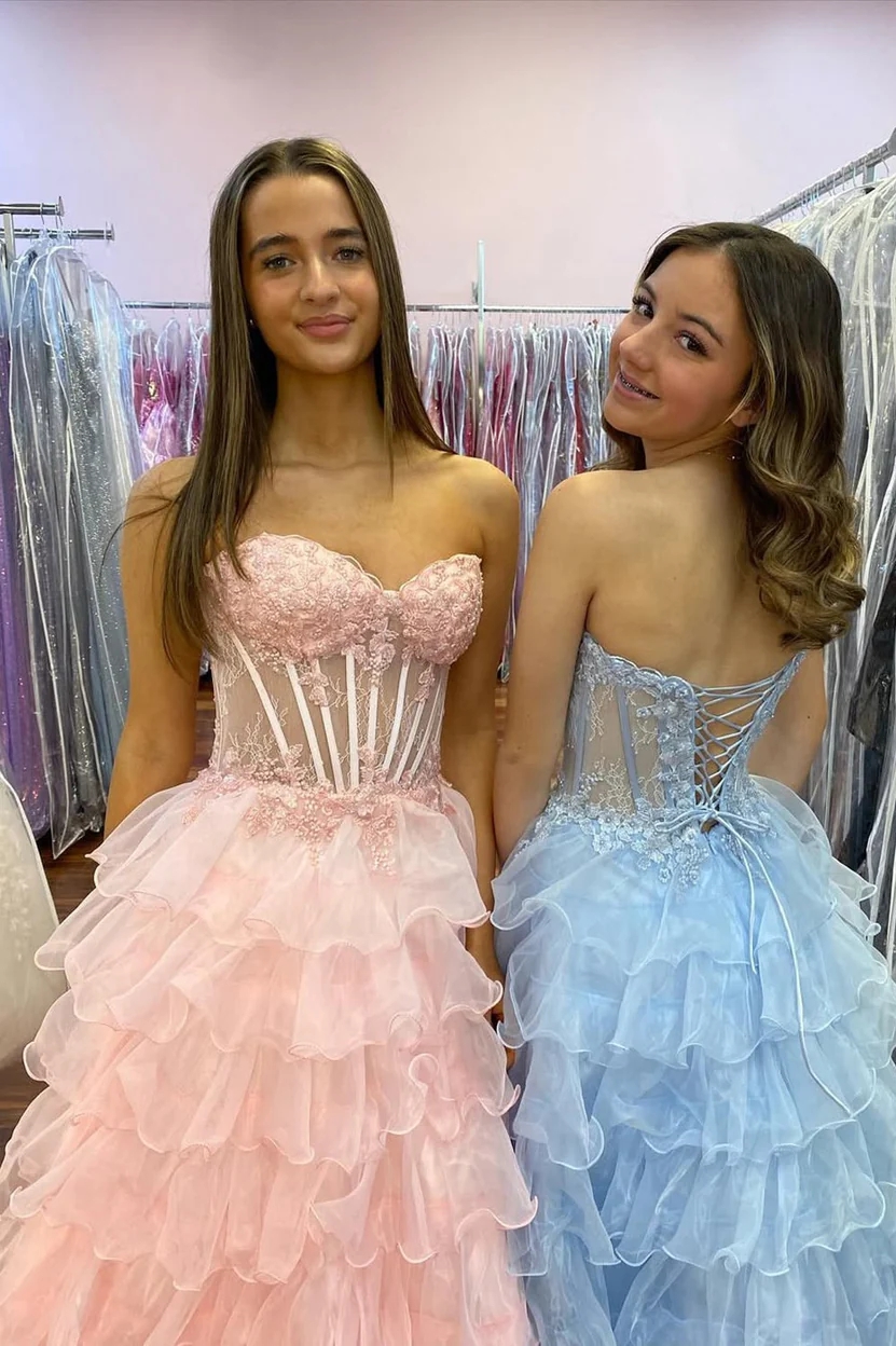 A line Organza Sweetheart Strapless Long Prom Party Dresses with Slit