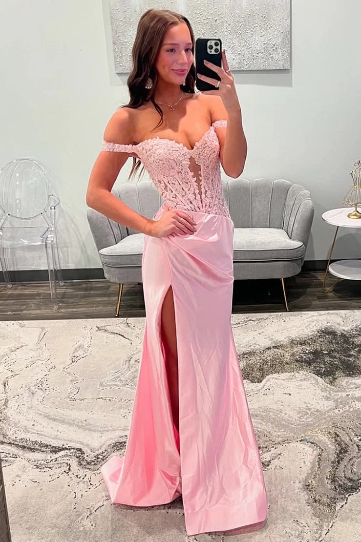  Applique Satin Off The Shoulder Prom Party Dresses with Slit