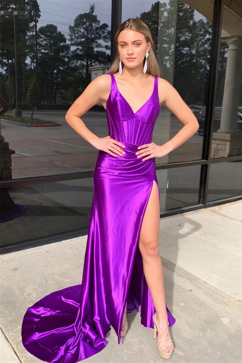 Mermaid Satin Spaghetti Straps Prom Party Dresses with Slit