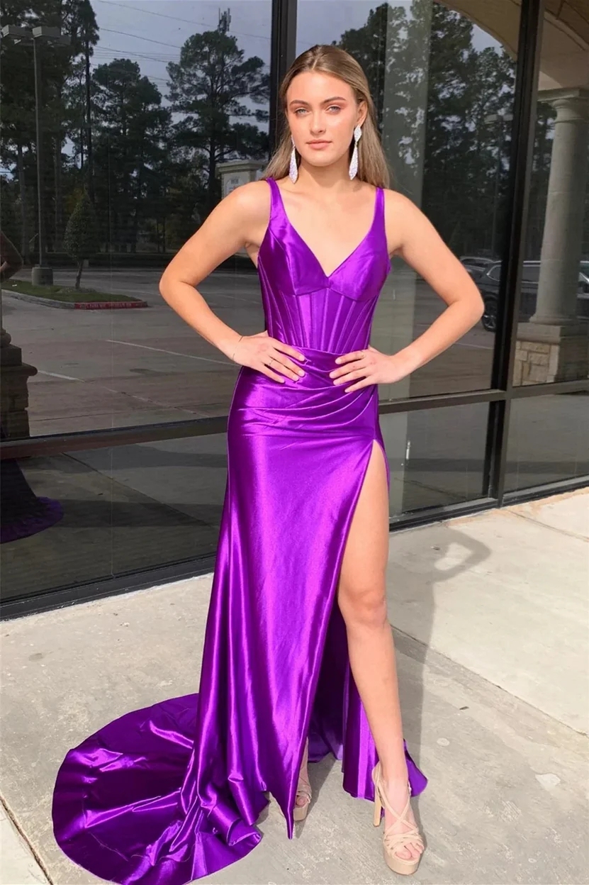 Mermaid Satin Spaghetti Straps Prom Party Dresses with Slit