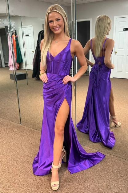 Mermaid Satin Spaghetti Straps Prom Party Dresses with Slit
