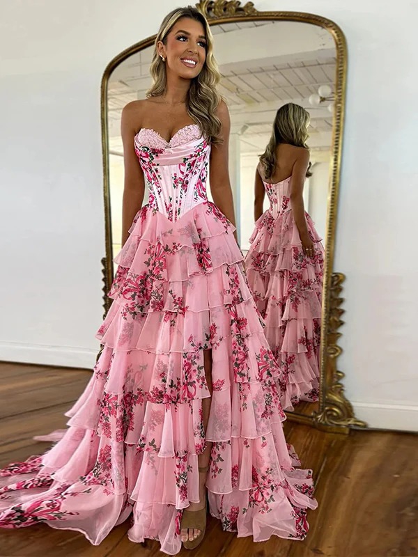 Floral Prom Dresses with Slit for Evening Party