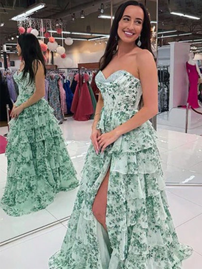 Floral Prom Dresses with Slit for Evening Party