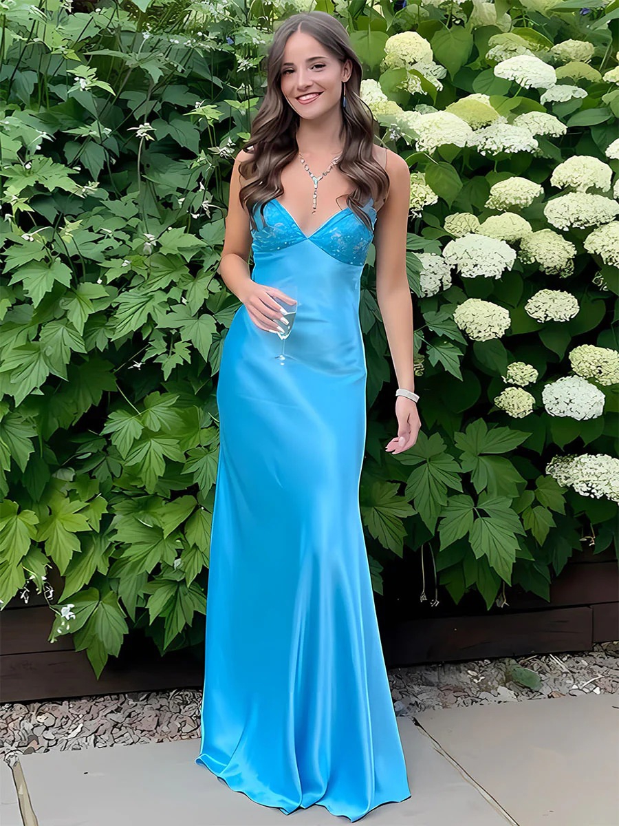 Long Satin V Neck Lace Prom Dress with Bow