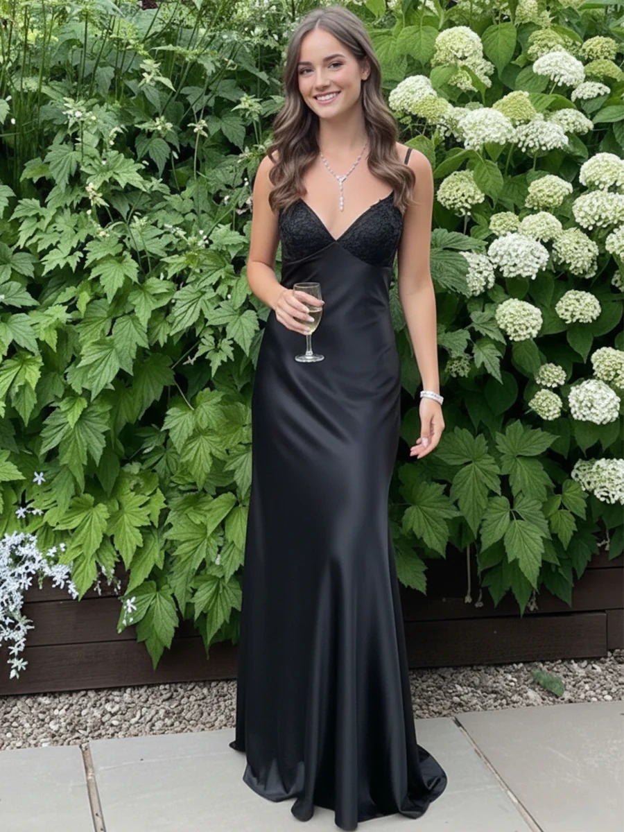 Long Satin V Neck Lace Prom Dress with Bow