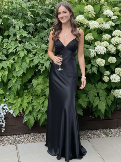 Long Satin V Neck Lace Prom Dress with Bow