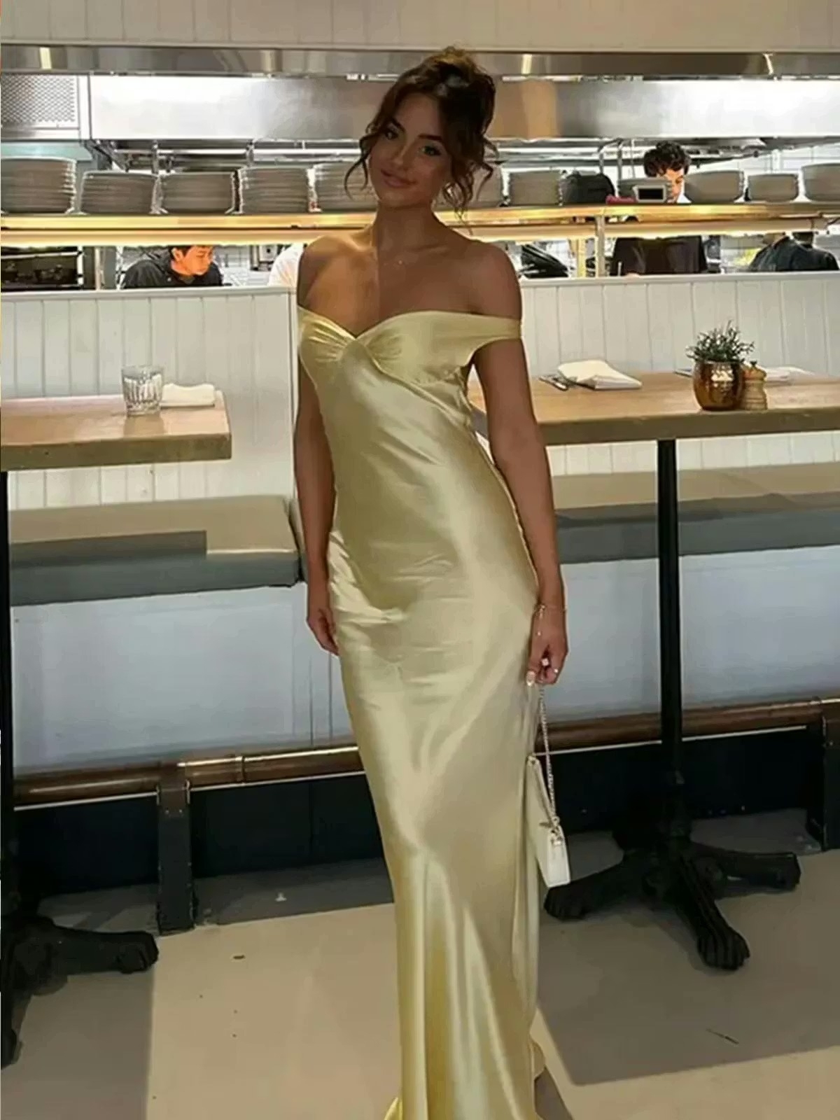 Long Satin Off Shoulder Prom Dress with Bow