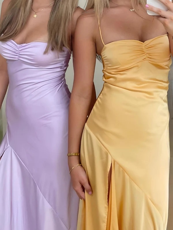 Long Satin Spaghetti Straps Prom Dress with Pleates