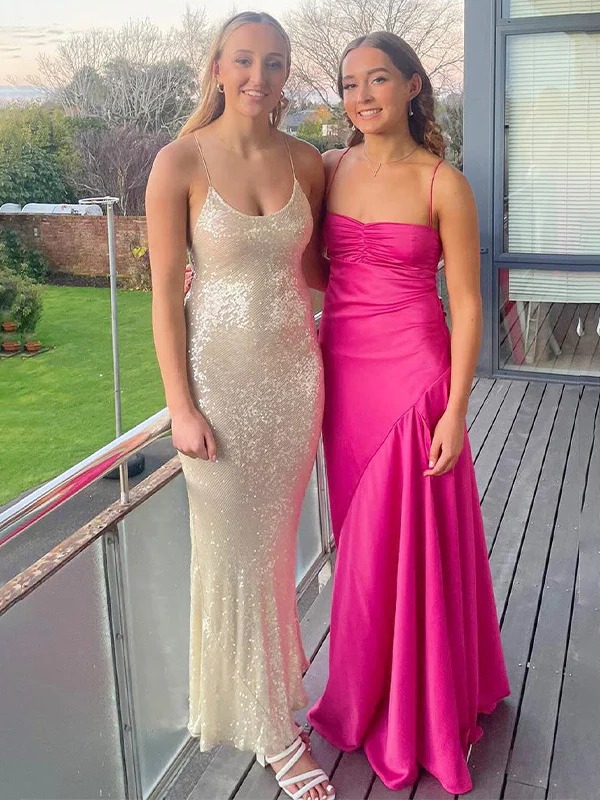 Long Satin Spaghetti Straps Prom Dress with Pleates