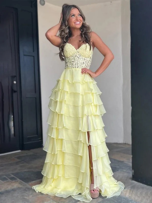 Lace Applicues Prom Dresses with Slit for Formal Party