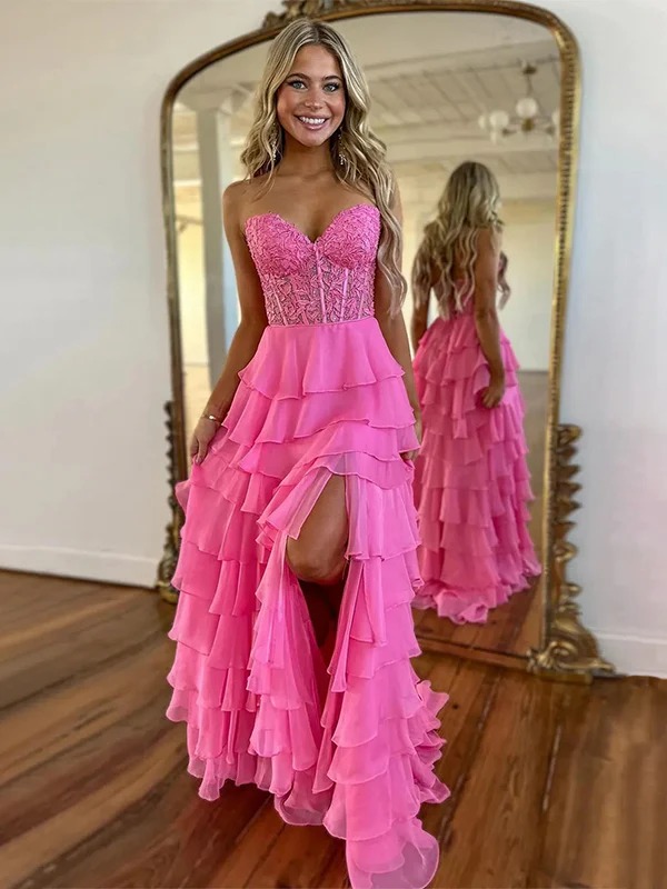 Lace Applicues Prom Dresses with Slit for Formal Party