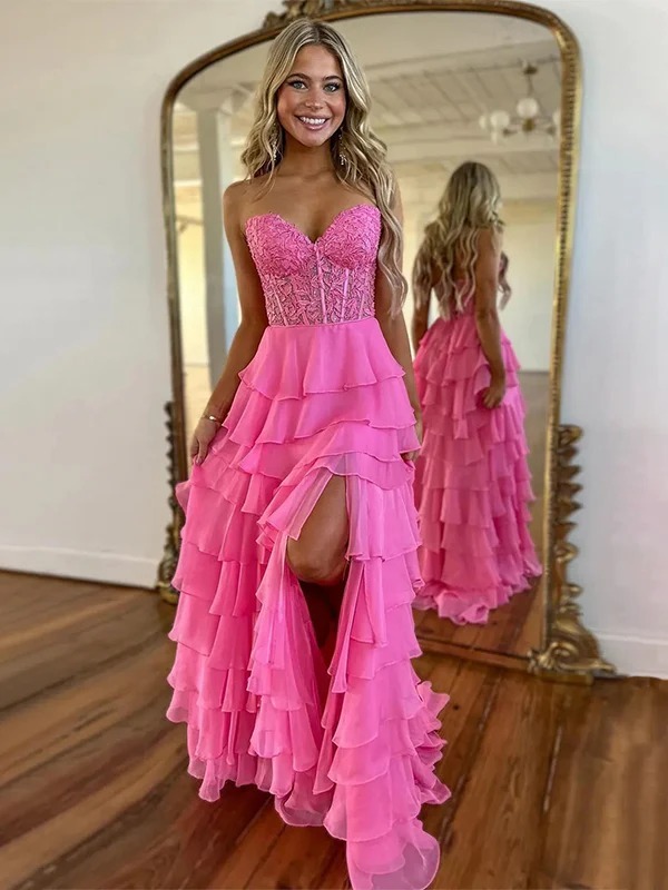 Lace Applicues Prom Dresses with Slit for Formal Party