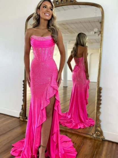 Sequin Prom Dresses Ruffles with Slit