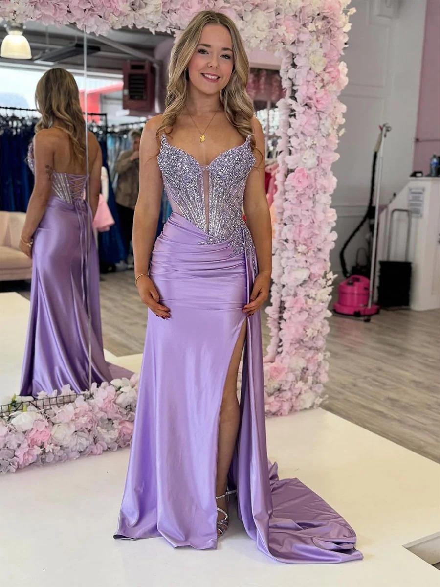 Lace Sequin Prom Dresses with Slit for Evening Party