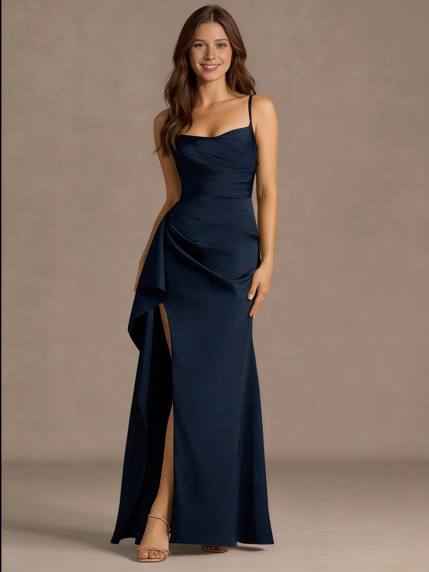 Bodycon Ruffle Satin Cowl Neck Evening Party Gown with Slit