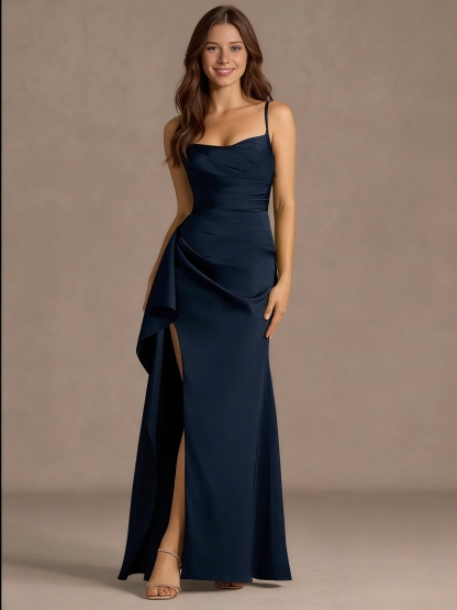 Bodycon Ruffle Satin Cowl Neck Evening Party Gown with Slit