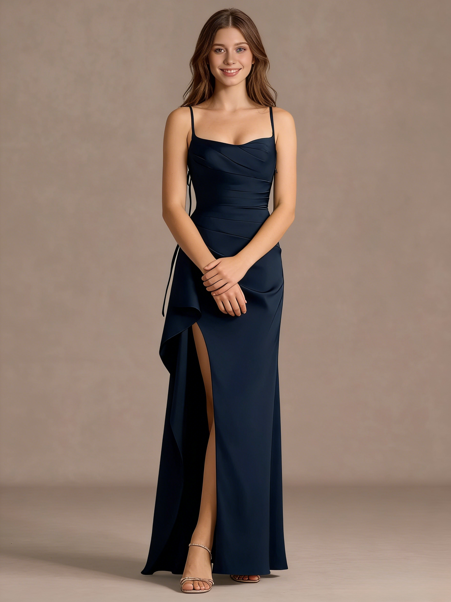 Bodycon Ruffle Satin Cowl Neck Evening Party Gown with Slit