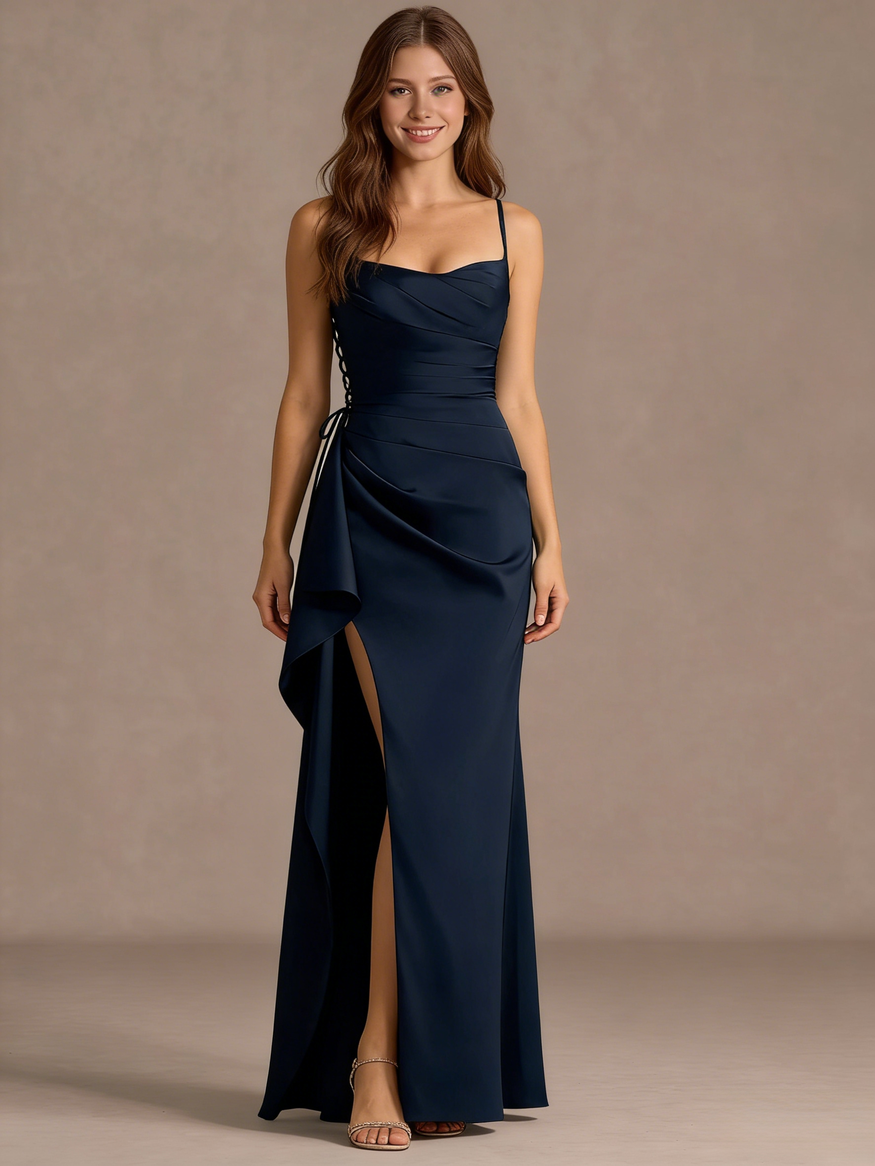 Bodycon Ruffle Satin Cowl Neck Evening Party Gown with Slit