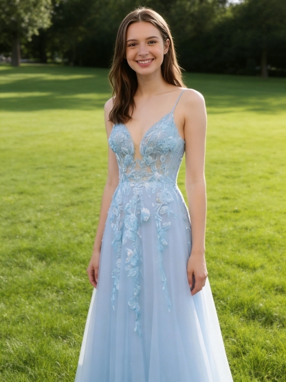 A Line Tulle Embroideried V Neck Evening Party Gown 