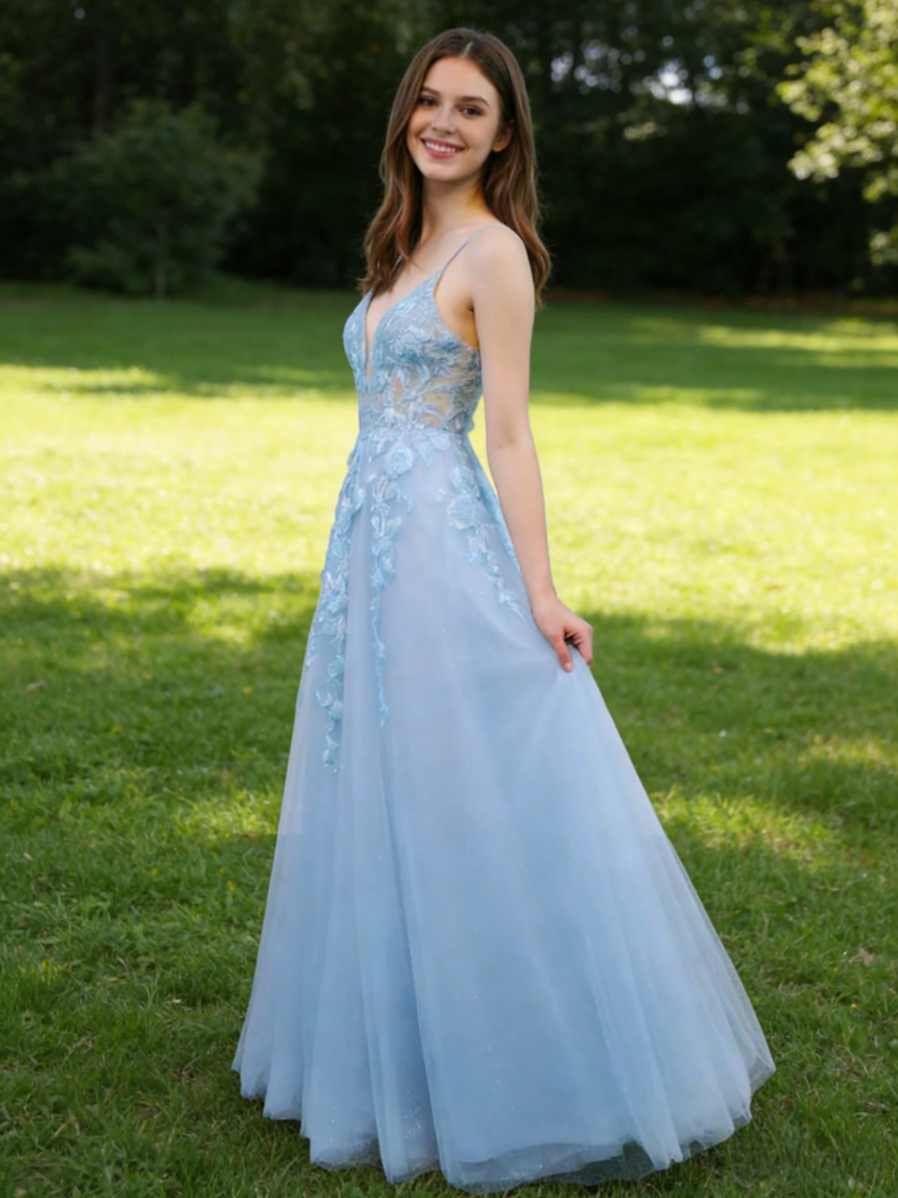 A Line Tulle Embroideried V Neck Evening Party Gown 