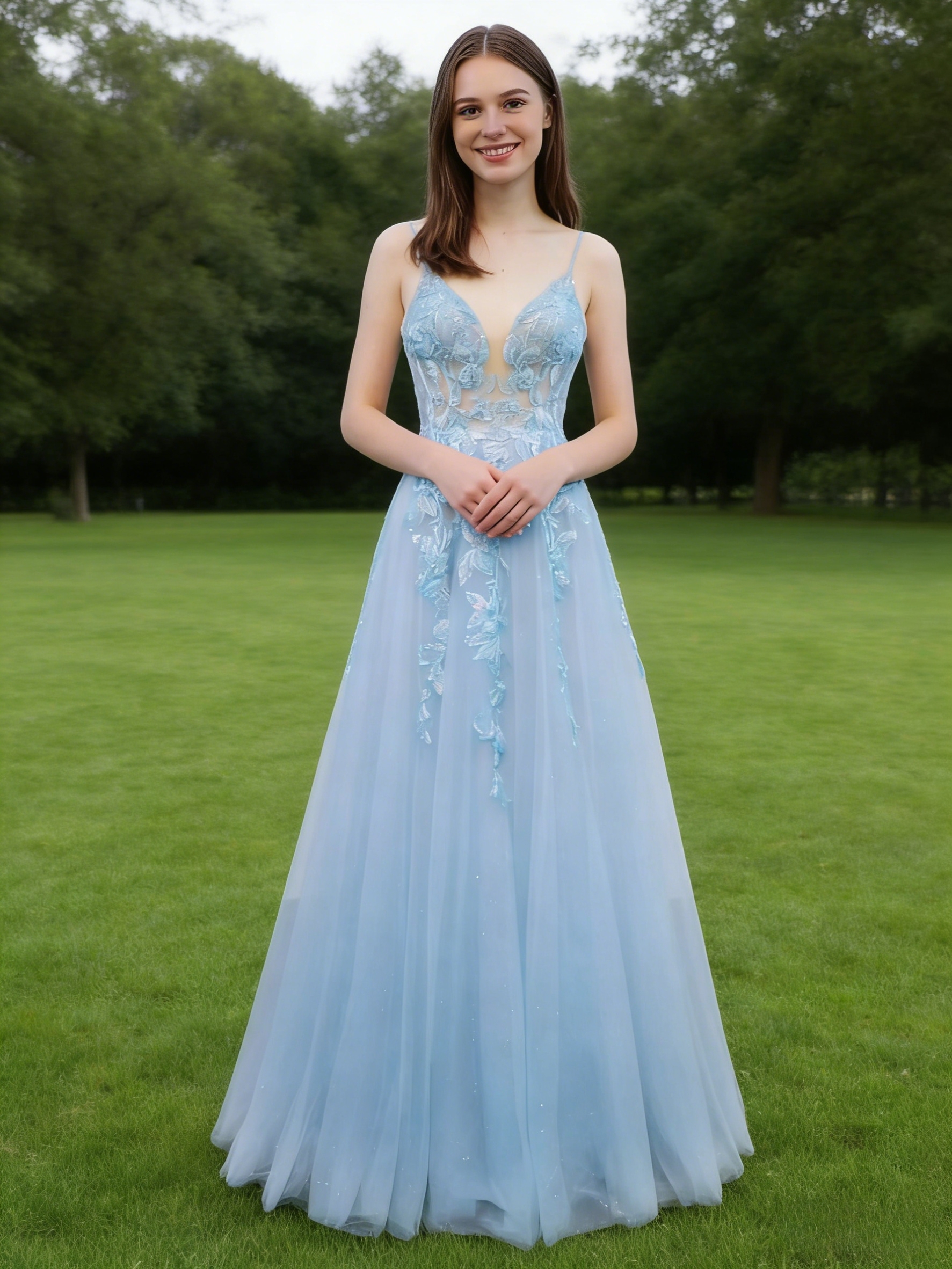 A Line Tulle Embroideried V Neck Evening Party Gown 