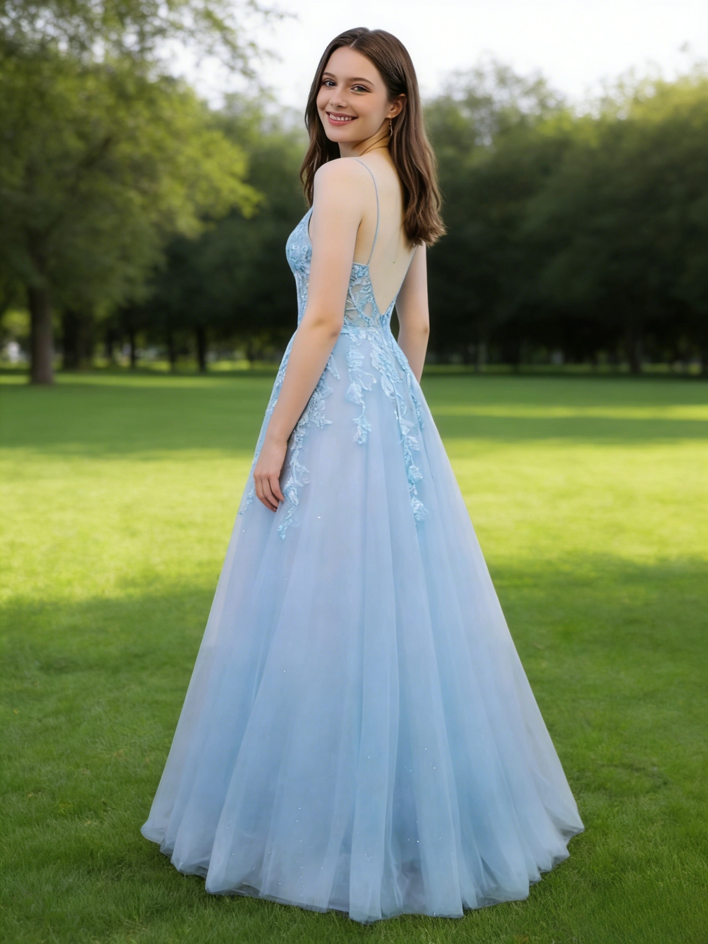 A Line Tulle Embroideried V Neck Evening Party Gown 