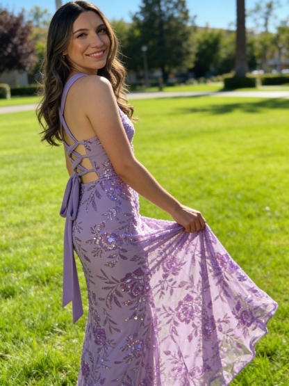  Sequin Embroideried Open Back Evening Party Gown 