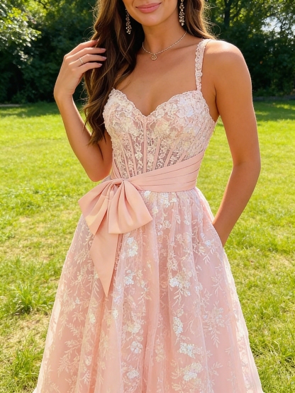 A Line Lace Embroideried  Prom Dresses with Bow