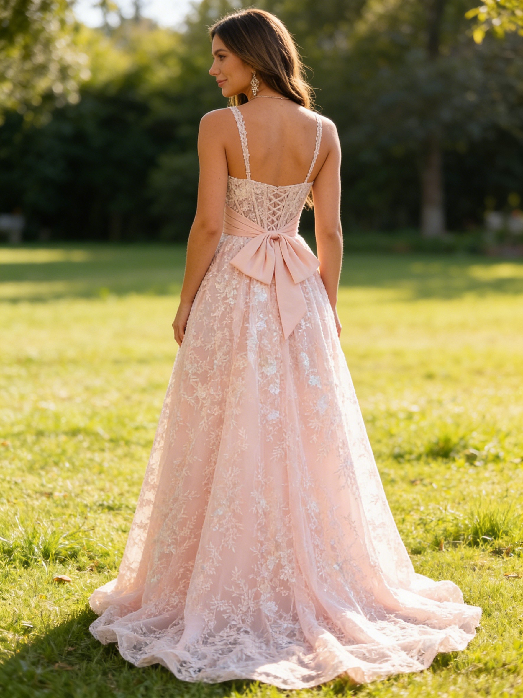 A Line Lace Embroideried  Prom Dresses with Bow